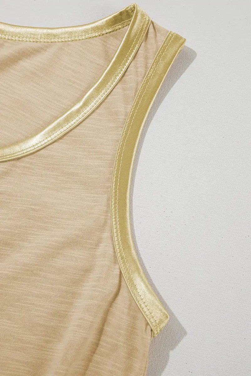 Tan Metallic Sheen Edge Scoop Neck Tank Top - Love Salve